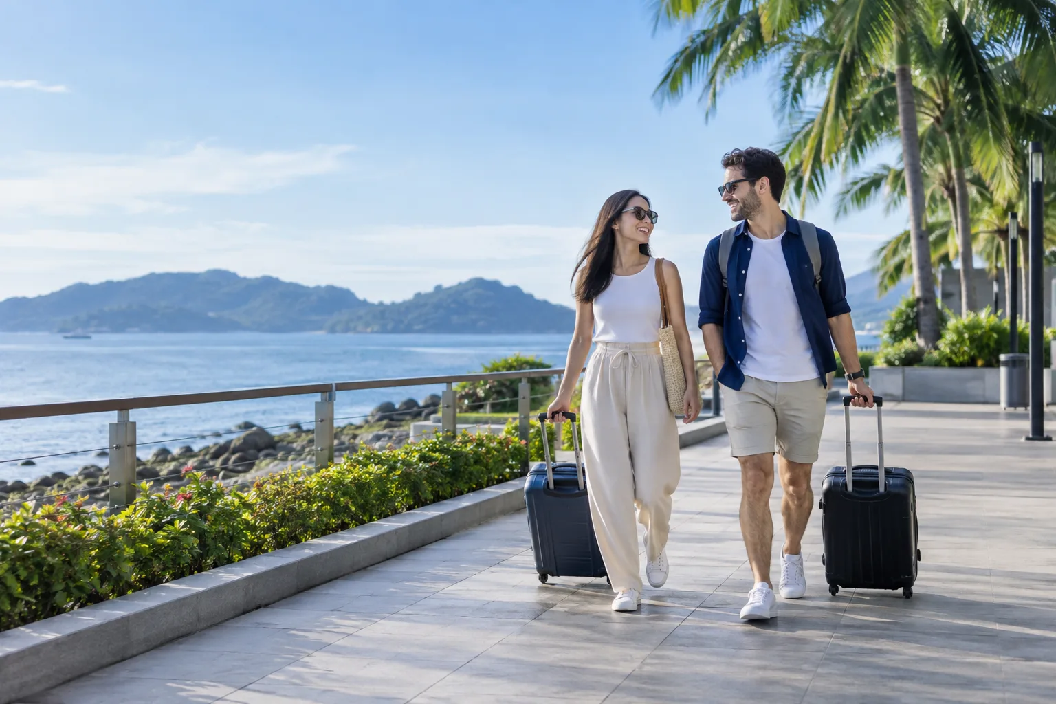 Two travelers with wheeled luggage walking by the water